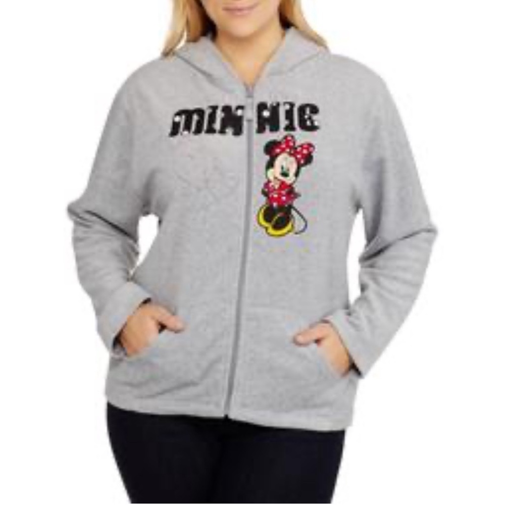 DISNEY Women Minnie Mouse Fleece Hoodie 1X Oversized Full Zip Sweatshirt